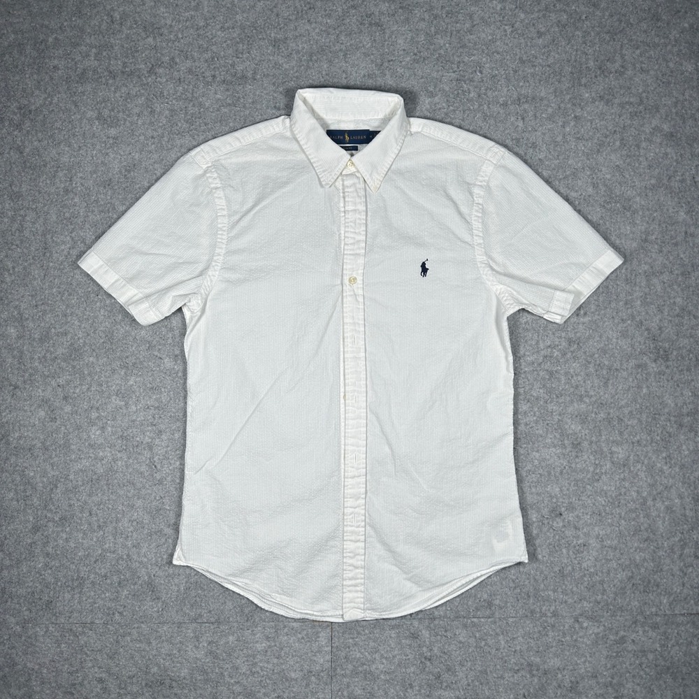 Ralph Lauren Shirt Mens Medium White Slim Fit Seersucker Short Sleeve Pony Logo